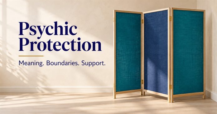 Three-panel ash-frame privacy screen with teal and indigo fabric, with the words Psychic Protection and Meaning. Boundaries. Support.