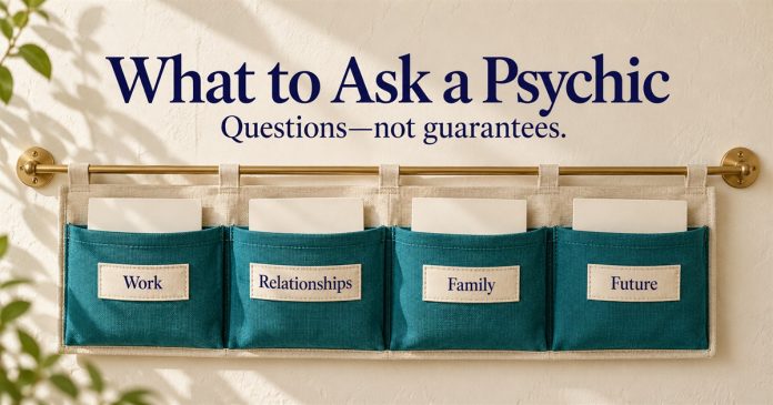 What to Ask a Psychic — Four Topic Wall Pockets — Post3612 People-free illustration of four teal fabric wall pockets labelled Work, Relationships, Family and Future beneath What to Ask a Psychic and Questions—not guarantees.
