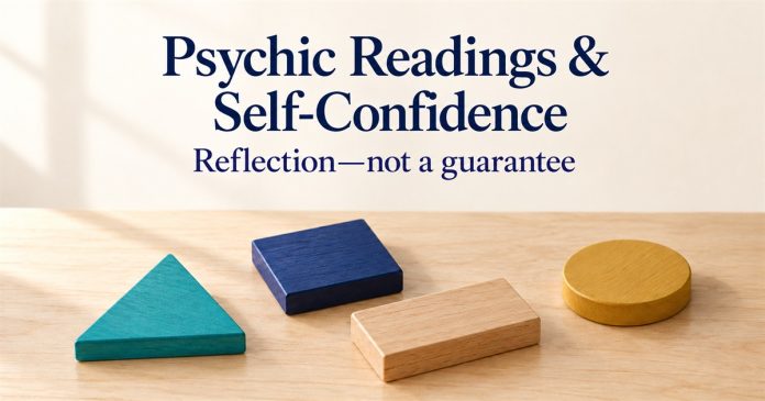 Psychic Readings and Confidence — Revisable Choices — Post3314 AI illustration of four separate teal, indigo, natural wood and gold geometric pieces, with text Reflection—not a guarantee