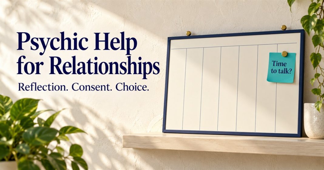 Psychic relationship weekly planning illustration – post3472 Date-free weekly planning board with a teal Time to talk? tab, beside Psychic Help for Relationships and Reflection. Consent. Choice.