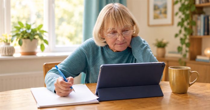 An older woman in glasses writes in a notebook beside an indigo tablet and a gold mug.