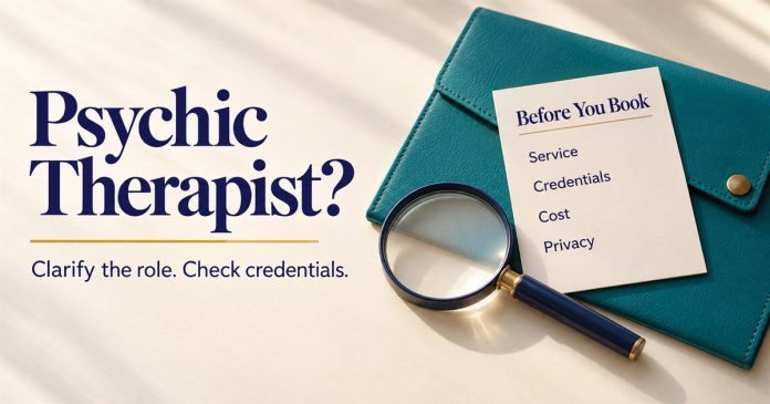 Before You Book question card listing Service, Credentials, Cost and Privacy beside a magnifying glass and teal document wallet.