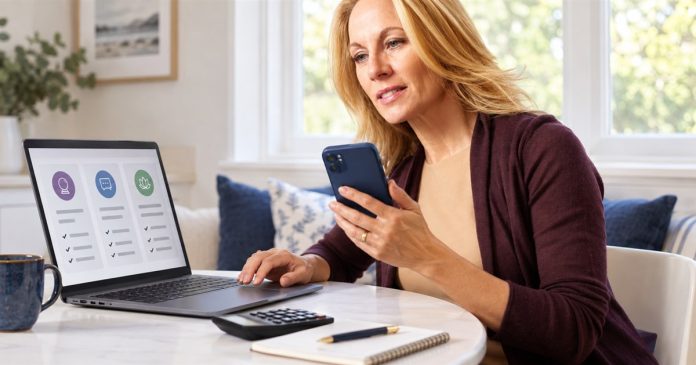 Comparing psychic reading formats and costs Woman comparing psychic reading options on a laptop and phone, with a calculator on a white breakfast table