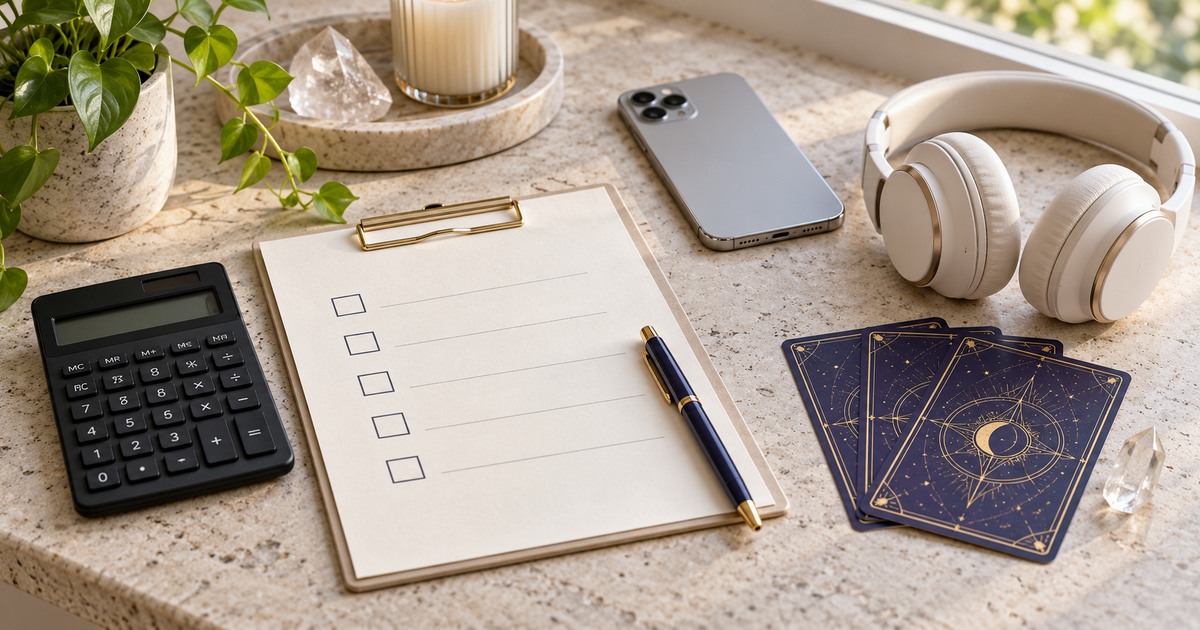 Calculator, blank checklist, headphones, face-down phone and geometric-backed reading cards on a pale stone surface