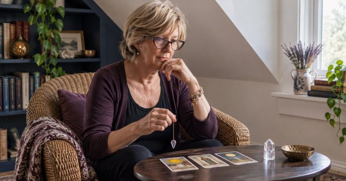 Sixth-sense reflection with tarot and a pendulum Woman reflecting with tarot cards and a small pendulum in a sunlit attic reading nook