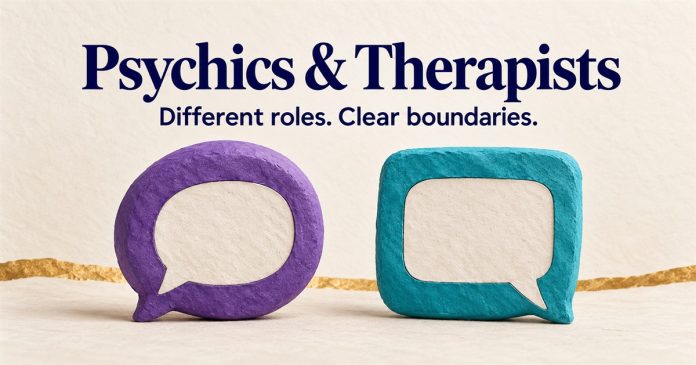Psychics and therapists — different roles and clear boundaries Separate purple and cyan conversation symbols beneath “Psychics & Therapists” and “Different roles. Clear boundaries.”
