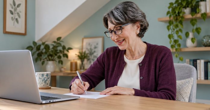 quality-checklist-distinct-model-20261014 An older woman reviewing notes after an online reading at a small desk in a seafoam home study.