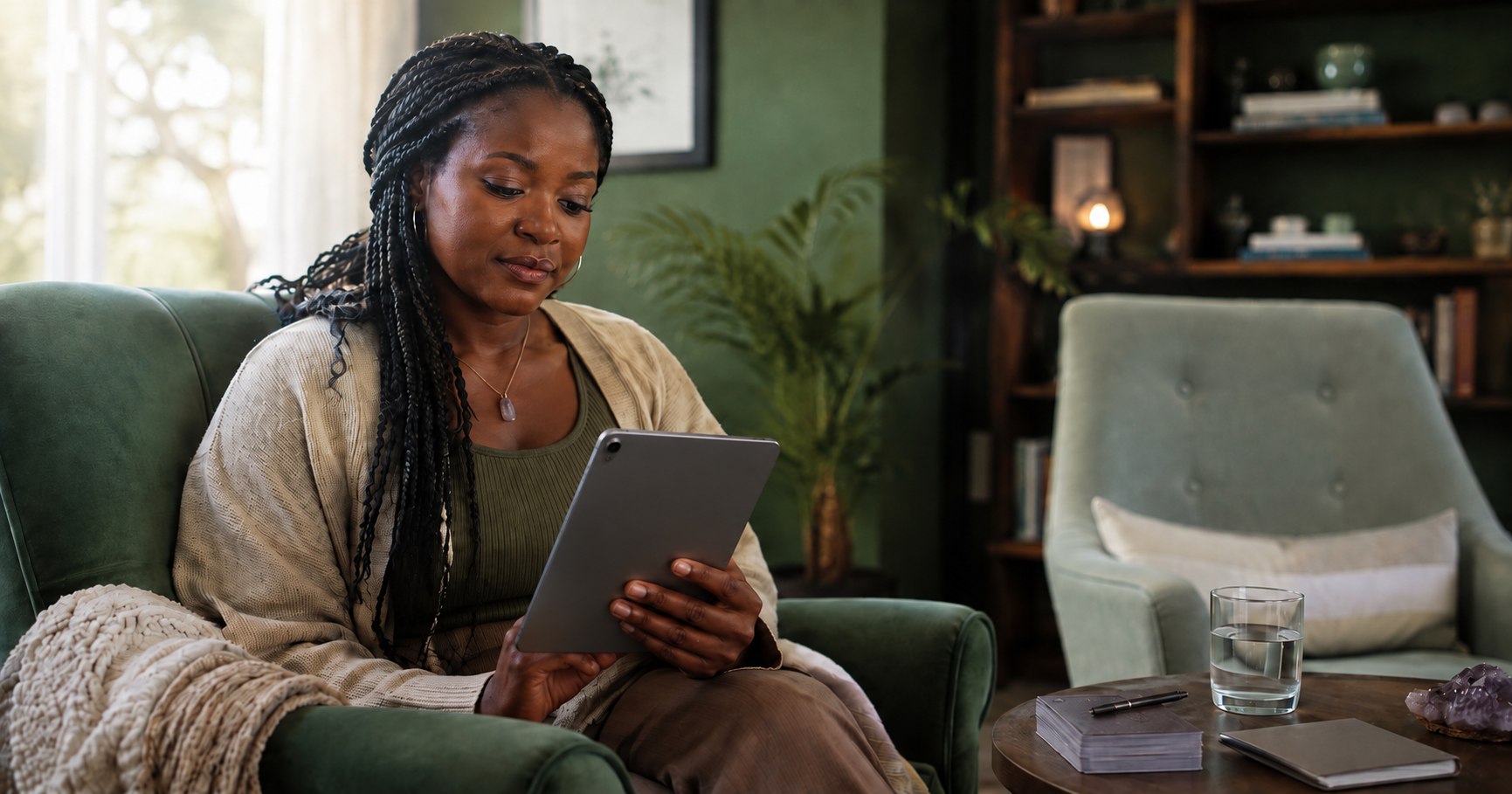 A woman using a tablet while seated in a quiet lounge.