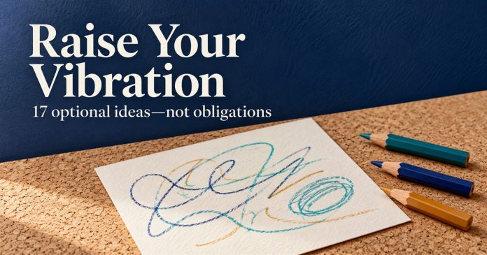 AI illustration of unfinished teal and indigo pencil doodles on paper beside three colored pencils; Raise Your Vibration, 17 optional ideas—not obligations