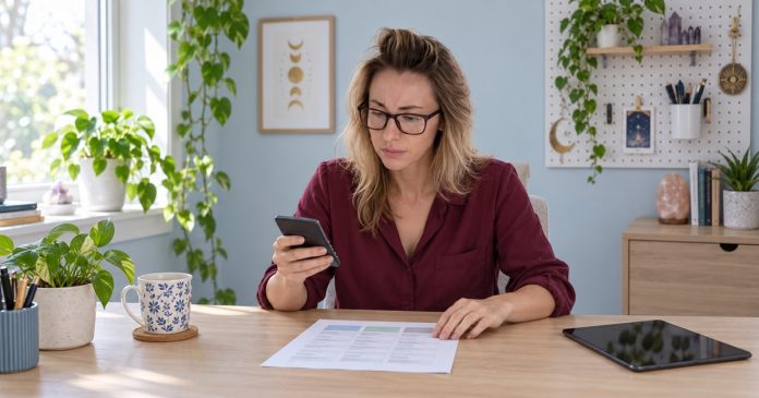 reading-cost-distinct-model-20261014 Illustrative client with glasses checking a phone and a printed comparison sheet at a desk, with a tablet beside her.