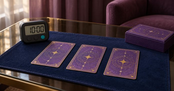 A chosen time limit for a psychic reading A timer displaying 10:00 beside three face-down purple reading cards on a navy mat