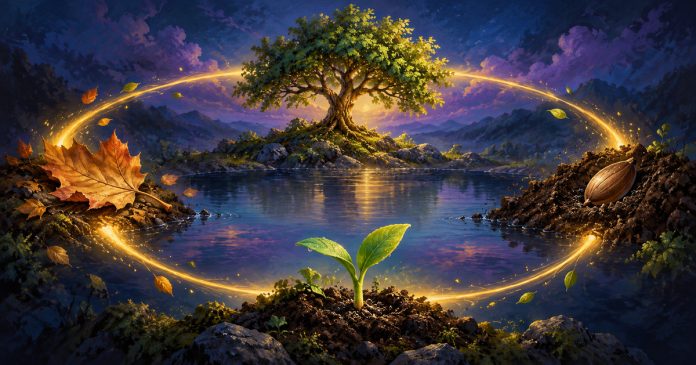 Symbolic renewal and reincarnation reflection AI-generated symbolic illustration of a leaf, seed, sprout and tree linked by a golden circle around a pool.