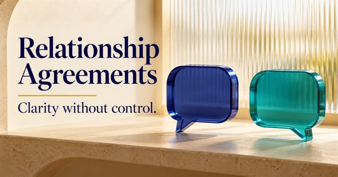 Relationship Agreements: Clarity Without Control Illustration of separate indigo and teal conversation symbols with the words Relationship Agreements. Clarity without control.