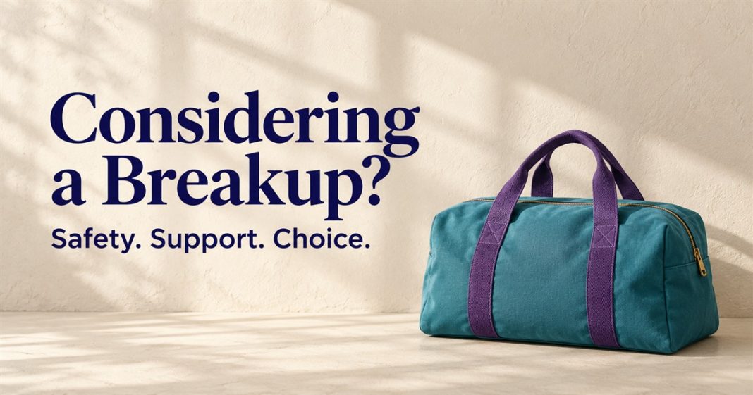 A closed cyan travel bag with purple handles beside “Considering a Breakup? Safety. Support. Choice.” on an ivory background.