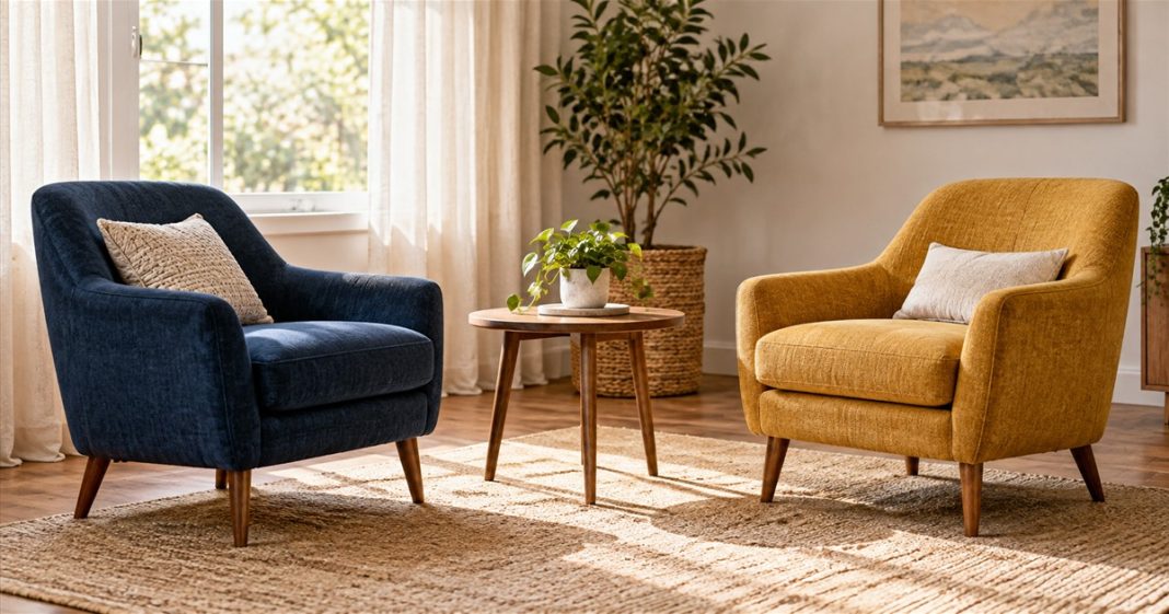 Optional relationship conversation with two empty chairs Two empty navy and ochre armchairs angled toward each other beside a small round wooden table and a sunlit window.