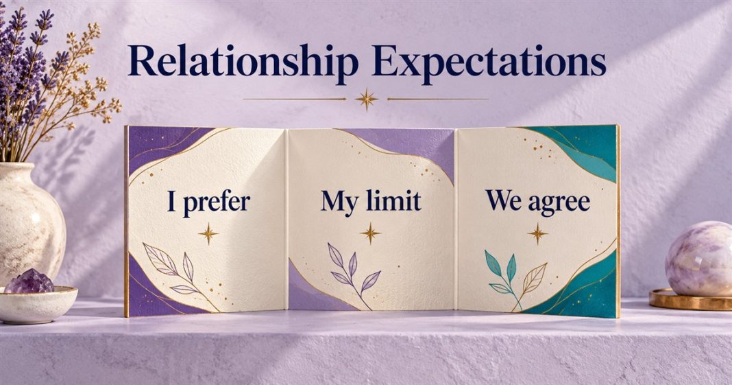 Relationship Expectations: Preferences, Limits and Agreements An ivory folded-paper display labelled “I prefer,” “My limit” and “We agree” beneath “Relationship Expectations,” with purple and cyan accents.