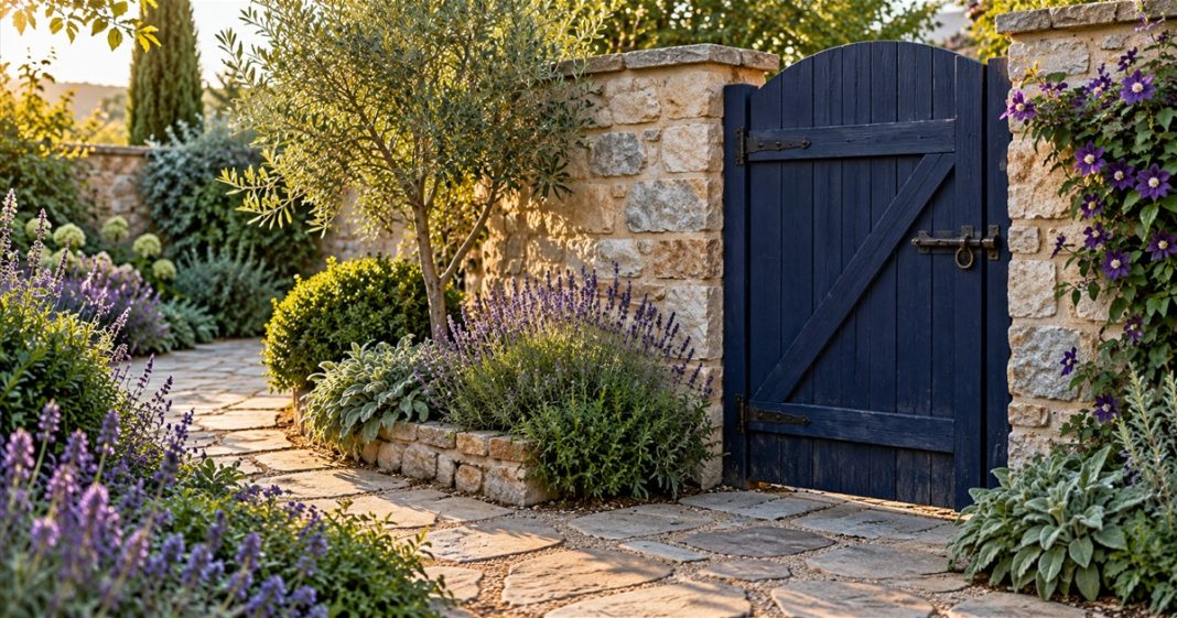 Closed navy wooden gate in a pale stone garden wall beside a curving path and purple flowers