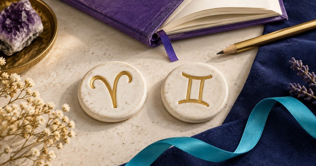 Ivory ceramic tokens bearing gold Aries and Gemini symbols beside a purple journal, gold pencil and cyan ribbon on navy cloth