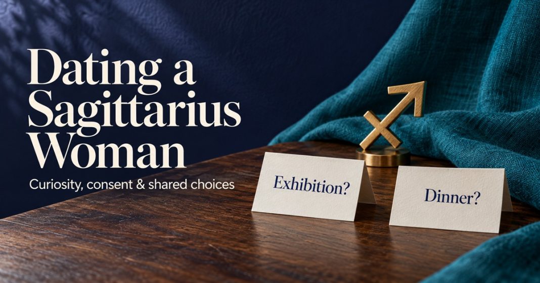 Dating a Sagittarius Woman—Shared date choices People-free illustration of Exhibition? and Dinner? cards beside a gold Sagittarius arrow; Dating a Sagittarius Woman—Curiosity, consent & shared choices.