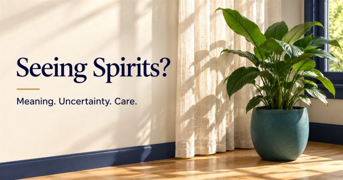Leafy plant in a teal pot casting ordinary shadows on an ivory curtain beside Seeing Spirits? Meaning. Uncertainty. Care.