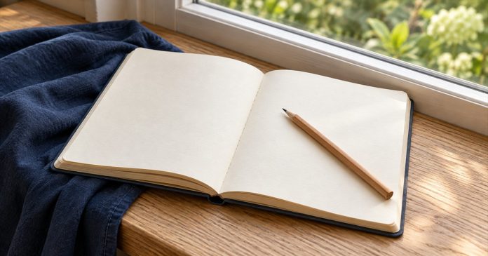 An open blank cream-paper notebook and wooden pencil on a pale oak window ledge, partly resting on navy linen.