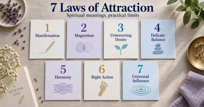 7 Laws of Attraction: Spiritual Meanings and Practical Limits Seven numbered paper cards labelled Manifestation, Magnetism, Unwavering Desire, Delicate Balance, Harmony, Right Action and Universal Influence, with small decorative symbols.