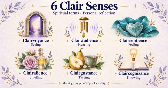Illustrated six-term guide: clairvoyance—seeing, clairaudience—hearing, clairsentience—feeling, clairalience—smelling, clairgustance—tasting and claircognizance—knowing.
