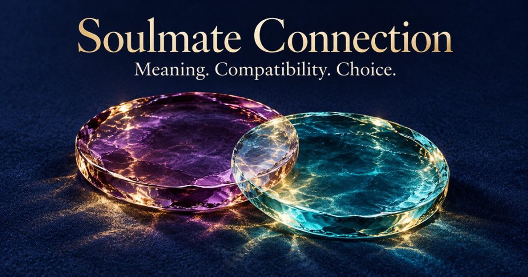 Soulmate Connection — Meaning, Compatibility and Choice AI-generated conceptual purple and cyan glass discs on navy fabric, beneath “Soulmate Connection — Meaning. Compatibility. Choice.”
