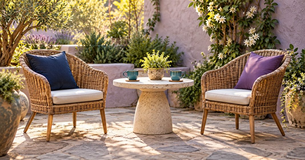 AI-generated courtyard with two empty woven chairs, navy and purple cushions, and two cyan cups on a round stone table.