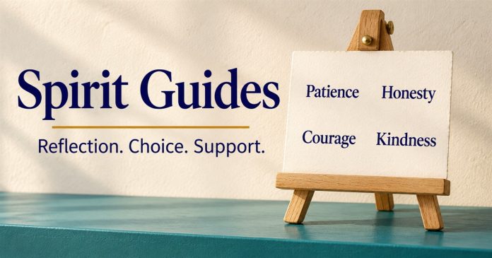 Spirit guides quality easel illustration – post3484 Wooden easel holds a Patience, Honesty, Courage and Kindness card on a teal shelf, beside Spirit Guides and Reflection. Choice. Support.