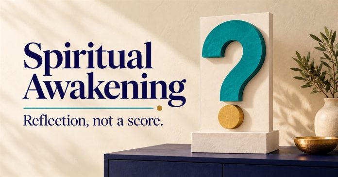 Spiritual awakening curiosity sculpture — post 3433 Teal question-mark relief and gold dot mounted on an ivory panel; Spiritual Awakening — Reflection, not a score.