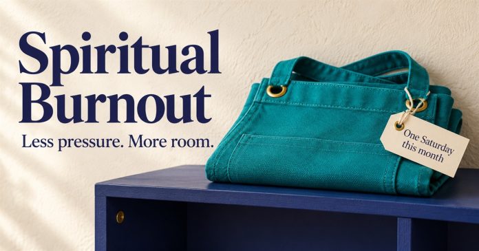 Spiritual burnout volunteer apron illustration – post3456 AI-created folded teal apron with a One Saturday this month tag beside Spiritual Burnout and Less pressure. More room.
