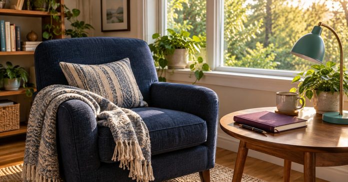 Spiritual Check-In — Optional Reflection Corner An empty navy armchair beside a window and a small wooden table holding a closed purple notebook, pen and teal reading lamp.