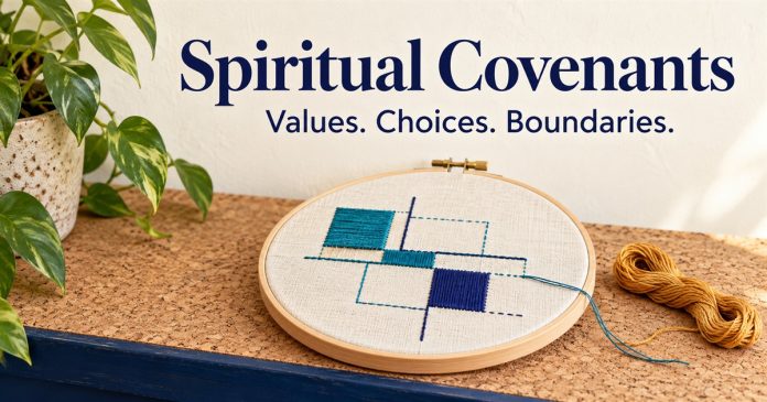 Wood embroidery hoop with unfinished teal and indigo stitching beside gold thread, with the words Spiritual Covenants and Values. Choices. Boundaries.