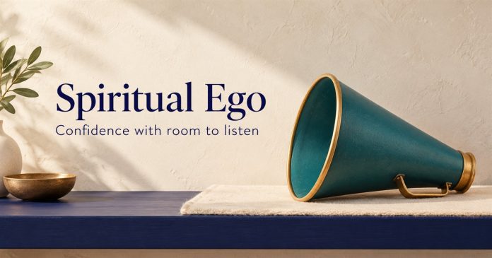 Spiritual ego — confidence with room to listen — 3407 Imagined teal megaphone resting on its side beside the words Spiritual Ego: Confidence with room to listen
