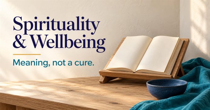 Spirituality and wellbeing — optional reflection Spirituality & Wellbeing: Meaning, not a cure. A blank book on a wooden reading stand beside teal cloth and an indigo bowl.