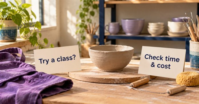 Empty pottery workbench with a clay bowl and cards reading Try a class? and Check time & cost.