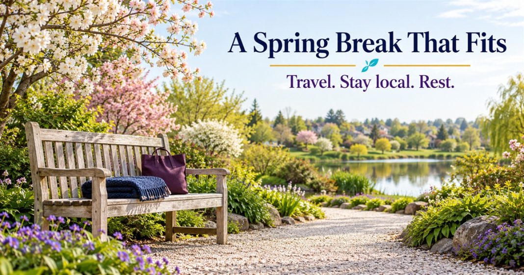 A Spring Break That Fits: Travel, Stay Local, Rest AI-generated empty garden bench with a navy blanket and plum tote beside spring blossoms and a pond beneath A Spring Break That Fits.
