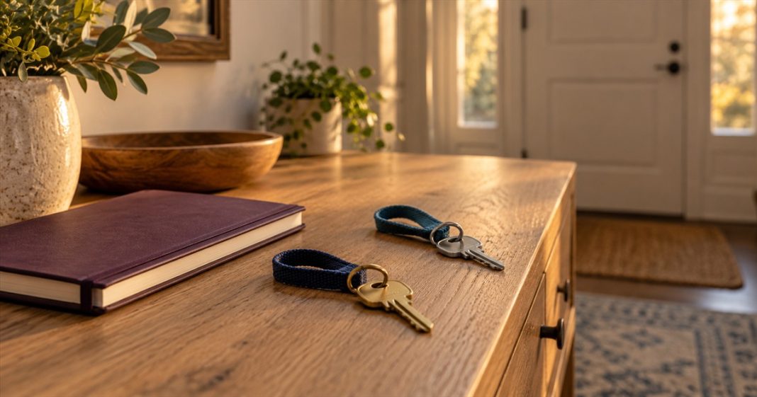 AI-generated still life of two separate house keys on navy and teal loops beside a closed purple notebook in a sunlit entryway.