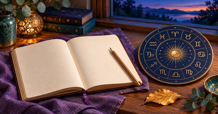 Open blank journal and pencil beside a decorative zodiac disc and golden leaf on a wooden desk