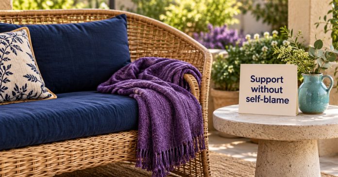 Empty rattan bench with navy cushions and a purple blanket beside a cyan jug and a card reading Support without self-blame.