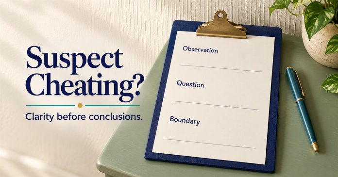 Suspect Cheating? Clarity Before Conclusions Illustration of a blank Observation, Question and Boundary note on an indigo clipboard, with the words Suspect Cheating? Clarity before conclusions.