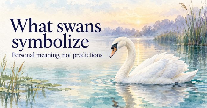 AI-generated watercolor of a white swan on a quiet pond, with the words “What swans symbolize” and “Personal meaning, not predictions.”