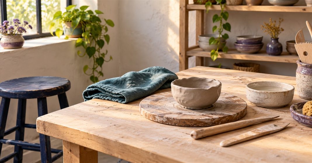 Taking chances: an imagined beginner pottery trial AI-generated illustration of an unfinished clay bowl, wooden shaping tools, water dish and teal cloth on a sunlit workbench beside an empty navy stool.