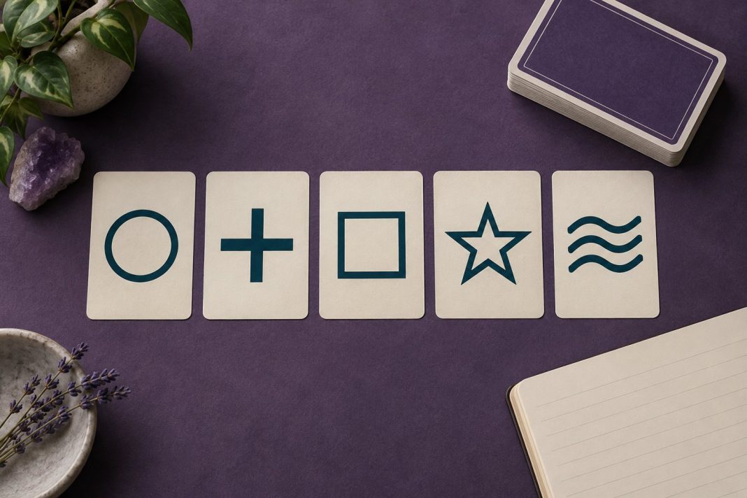 Illustration of five symbol cards, a purple-backed deck and blank notebook on a purple tabletop