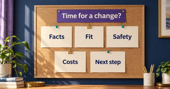 Time for a change: facts, fit, safety, costs and next step Cork planning board headed Time for a change? with five cards labeled Facts, Fit, Safety, Costs and Next step.