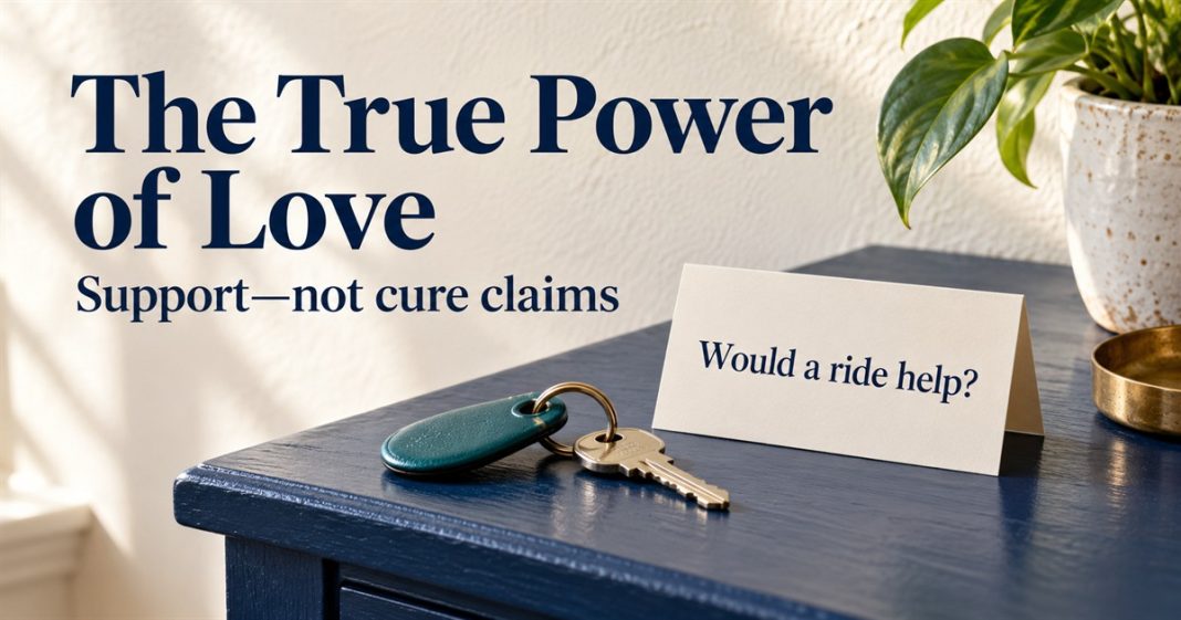 AI illustration of a key with teal fob beside a Would a ride help? card; The True Power of Love, Support—not cure claims