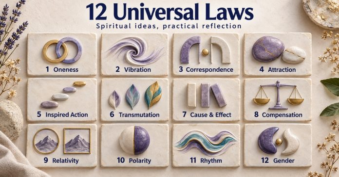 Twelve Universal Laws: Spiritual Concept Index Twelve numbered ceramic-style symbols labelled Oneness, Vibration, Correspondence, Attraction, Inspired Action, Transmutation, Cause and Effect, Compensation, Relativity, Polarity, Rhythm and Gender.