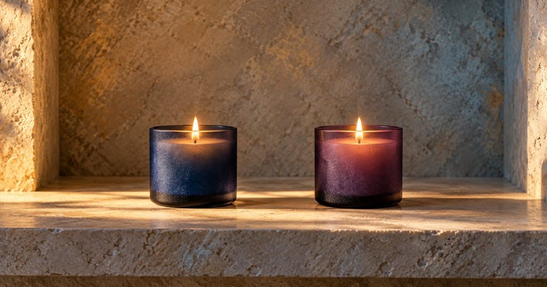 Twin-flame beliefs: two separate candle flames Two separate candle flames in navy and purple glass holders on a stone shelf