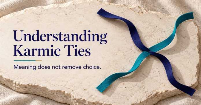 Understanding Karmic Ties — Meaning Does Not Remove Choice Illustration of free-ended teal and indigo ribbons, with the words Understanding Karmic Ties. Meaning does not remove choice.